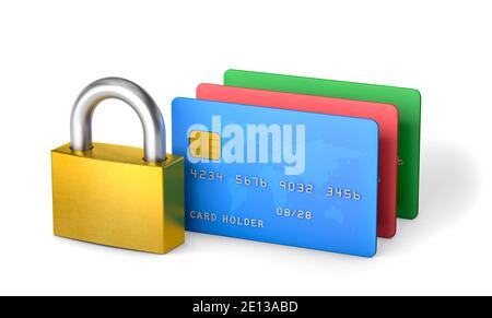 Schloss und Kreditkarten. Schutz von persönlichen Daten und elektronischem Geld. Isoliert auf weißem Hintergrund mit Clipping-Pfad. 3d-Rendering... Stockfoto