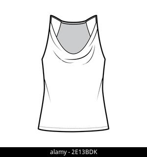 Tank Low Cowl Crop Camisole technische Mode-Illustration mit dünnen verstellbaren Trägern, übergroß, Taillenlänge. Flach nach außen oben Schablone vorne, weiß. Frauen Männer Unisex CAD mockup Stock Vektor