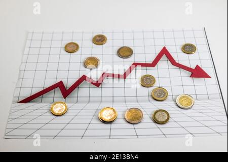 euro-Münzen verschiedene Stückelungen mit Statistiken als bunten Hintergrund Stockfoto