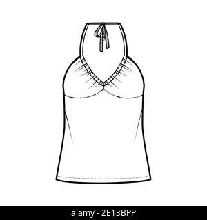 Top V-Ausschnitt Halfter Tank technische Mode-Illustration mit Empire-Naht, dünnen Tunika, überdimensioniert, Schleife, Tunika Länge. Flach nach außen Schablone vorne, weiß. Frauen Männer Unisex CAD mockup Stock Vektor