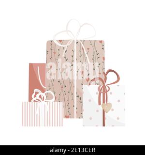 Valentinstag Geschenkboxen Set. Eingewickelte Pakete mit Schleifen, Pflanzen und Holzherz, isoliert auf weißem Hintergrund dekoriert. Vektorgrafik Stock Vektor