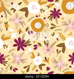 Nahtlose florale Vektor-Muster mit goldenen, weißen und rosa Blumen und Pflanzen. Wiederholende Hintergrund flache Blumen skandinavischen Stil. Für Stoff verwenden Stock Vektor