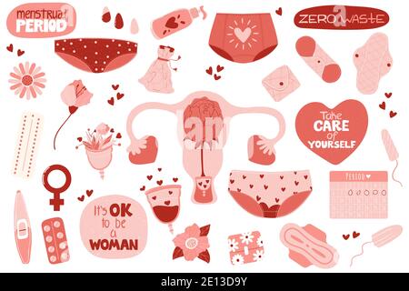 Menstruation eingestellt. Bündel von Menstruation, Periode, weibliche Gebärmutter, Null Abfall weibliche Hygiene-Produkte Aufkleber. Handgezeichnete Vektorgrafik in flacher Form Stock Vektor