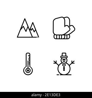 Berg, Handschuh, Thermometer und Snow man Icon Line Stock Vektor