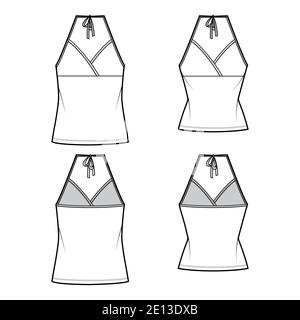 Set von Camisoles Halfter Hals Surplice Tanks technische Mode Illustration mit Empire-Naht, Schleife, schlank, übergroße Passform, Tunika Länge. Flat top Schablone vorne, hinten, weiß. Frauen Männer CAD Mockup Stock Vektor