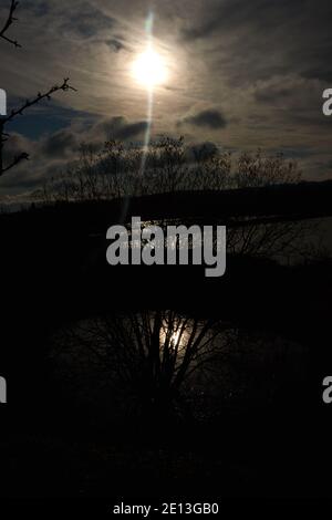 RSPB Reserve College Lake Hertfordshire. Aufnahme in die Wintersonne mit Spiegelung am See Stockfoto