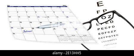 Kalender mit Test und Brille und Kugelschreiber, Termingabe Stockfoto