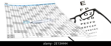 Kalender mit Test und Brille und Kugelschreiber, Termingabe Stockfoto
