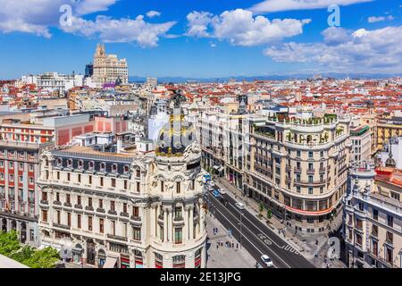 Madrid, Spanien. Luftaufnahme der Gran Via, Haupteinkaufsstraße in Madrid. Stockfoto