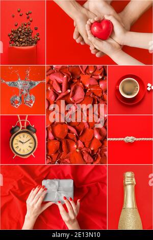 Collage von Fotos auf rotem Hintergrund Stockfoto