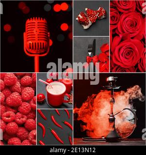 Collage von Fotos in roten Farben auf dunklem Hintergrund Stockfoto