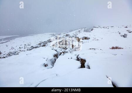 Fast monochromatischer Blick über den Thingvellir Nationalpark Rifttal vom Informationszentrum im Winter, Südwesten Islands während eines Schneesturms Stockfoto