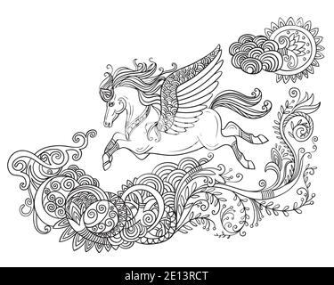Zeichnung isoliertes Pferd mit Flügeln und langer Mähne. Tangle Stil für Erwachsene Malbuch, Tattoo, T-Shirt-Design, Logo, Zeichen. Stilisierte Illustration von ho Stock Vektor