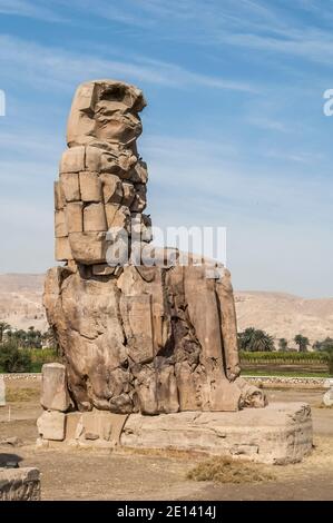Dies ist die archäologische Stätte 1350BC an den Memnonkolossen des alten Ägyptens, nicht weit vom Nil und der Stadt Luxor, die früher als Theben bekannt war. Die Statuen sind vom Pharao Amenhotep III, es gibt zwei kleinere Statuen an seinen Füßen, eine ist seine Mutter, die andere seine Frau. Ursprünglich gebaut, um den Eingang zum Amenoteps Tempel gegen das Böse zu schützen, wurden sie auch gesehen, um das Westufer des Nils zu bewachen. Die Kolossi haben unter schweren Erdbebenschäden gelitten, aber nach 3500 Jahren stehen bleiben. Stockfoto