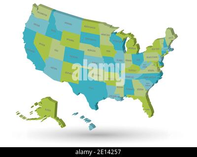Karte der Vereinigten Staaten von Amerika, USA, mit staatlichen Abkürzungen. 3D-Vektorkarte mit abfallender Schattierung Stock Vektor