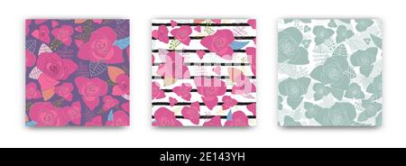 Vektor-Set von rosa Rose floral, gestreift und grün Silhouette nahtlose Muster Hintergrund Stock Vektor