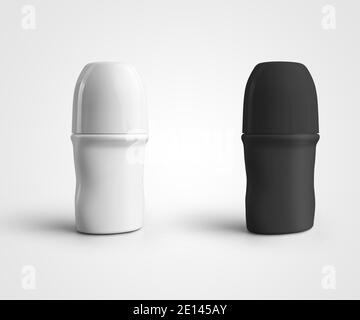 Schablone aus Kunststoff weiß, schwarz Roll-on deodirant isoliert auf Hintergrund. Antitranspirant leeres Glas Mockup, für Design-Präsentation, drucken. Satz Pac Stockfoto