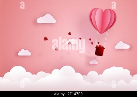Papierschnitt Kunst und digitale Handwerk Stil der Liebe und valentine Konzept. Origami von Heißluftballon fliegen über Himmel und Wolke mit schwebenden Herzen. Stock Vektor