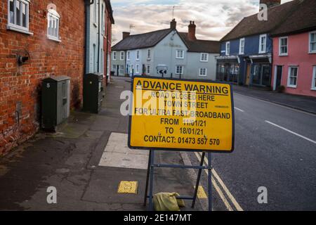 Thaxted Essex England UK Januar 2021 Zeichen, dass Ultra Fast Broadband soll in Thaxted Essex UK installiert werden Stockfoto