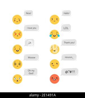 Emotionale Emoticons mit Gesprächsblasen. Gelbe Erklärung Liebe und Freude Emotion der Nachdenklichkeit. Stock Vektor