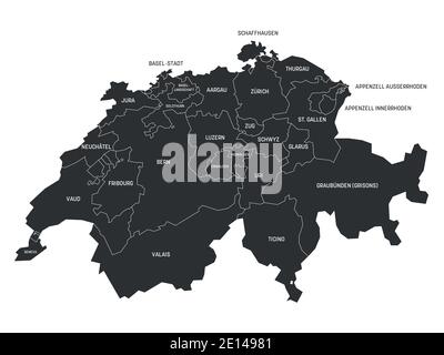 Graue politische Landkarte der Schweiz. Verwaltungsabteilungen - Kantone. Einfache flache Vektorkarte mit Beschriftungen. Stock Vektor