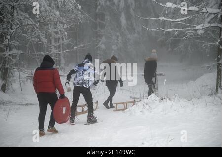 Hellenthal, Deutschland. Januar 2021. Besucher Rodeln suchen im Skigebiet 'Weißer Stein' in der Eifel dichten Nebel nach einer geeigneten Piste. Nach großen Menschenmengen am Wochenende hat die Gemeinde Hellenthal den Parkplätz abgesperrt. Quelle: Henning Kaiser/dpa/Alamy Live News Stockfoto