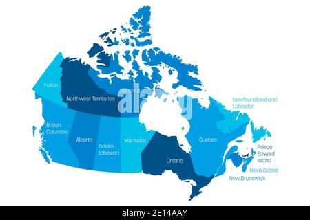 Karte von Kanada in 10 Provinzen und 3 Territorien aufgeteilt. Verwaltungsregionen Kanadas mit Etiketten. Vektorgrafik. Stock Vektor
