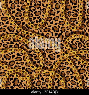 Cheetah Haut mit Goldketten nahtlose Muster. Gelbe Panther-Flecken mit schwarzen jaguar-Umrissen. Stock Vektor