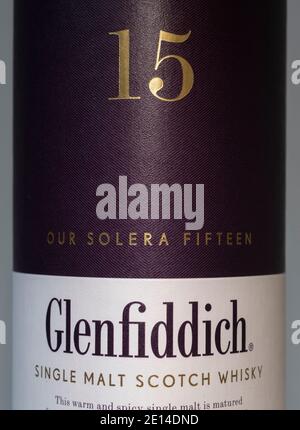 Glenfiddich 15 Jahre alter Solera Single Malt Scotch Whisky outer Kartonschachtel in Nahaufnahme Stockfoto