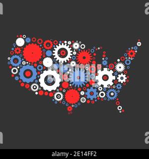 Vereinigte Staaten von Amerika Karte Silhouette Mosaik von Zahnrädern und Zahnrädern. Abbildung in Nationalfarben auf dunkelgrauem Hintergrund. Stock Vektor