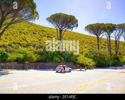 Kloof Corner - Kapstadt, Südafrika - 02/12/2020 Vater läuft mit seinem Kleinkind auf dem Parkplatz von Kloof Corner. Bereit, eine Seilbahn los zu nehmen Stockfoto