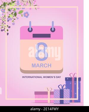 Grußkarte für den internationalen Frauentag. Vektor-Illustration für März 8 mit Blumen und Grüße. Banner mit der Nummer 8 und Text. Flaches Design in niedlichen lila und rosa Tönen für Werbung, Banner, Website oder Flyer. Stock Vektor