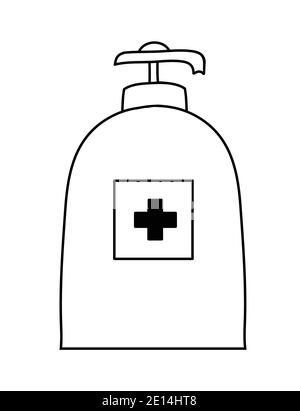 Dispenser Flasche und Kreuz, Hygiene-Produkt antibakterielle Desinfektionsmittel, schwarz und weiß handgezeichnete Doodle Vektorgrafik Stock Vektor
