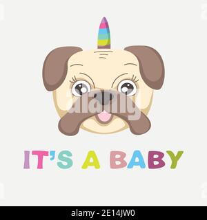 Nettes Gesicht Einhorn Baby Hund Mops. Stock Vektor