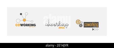 Logo-Optionen für Coworking. Co-Work, Coworking Space, Collaboration Office. Vektorgrafiken im handgezeichneten Stil. Stock Vektor