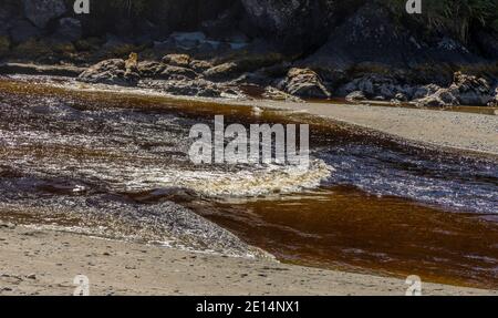 Ship Creek, Tauparikaka Beach, Südinsel, Neuseeland. Gezeitenwasser aus dem Meer. Ankommende Wellen bewegen sich den Bach hinauf. Stockfoto