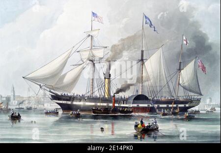Das President Steam Ship. Nach einem Stich von R.G und A.W. Reeve erschien 1840 nach einem Gemälde von Samuel Walters. Der britische Passagierdampfer SS President war das größte Schiff der Welt. 1841 war sie mit allen an Bord auf See verloren. Stockfoto