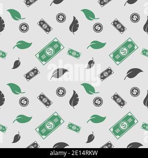 US-Dollar-Rechnung und Blatt nahtloses Muster. Flacher Style. Stock Vektor