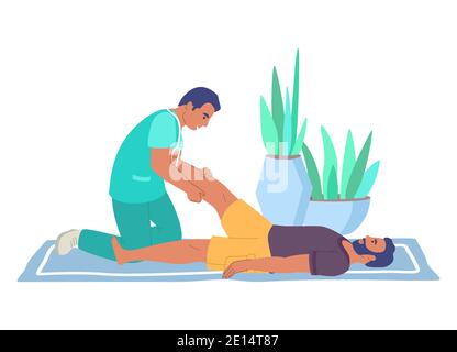 Rehabilitationszentrum. Beinmassage-Therapie, flache Vektor-Illustration. Physiotherapie Behandlung von Verletzten. Stock Vektor