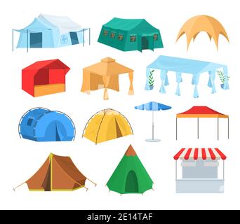 Verschiedene Arten von Zelten, flache Vektorgrafik. Tourist, Markt, Café, Festival-Veranstaltung, Unterkunft, medizinische Zelte. Stock Vektor