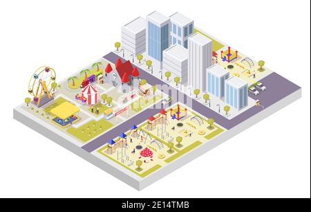 Vergnügungspark und Kinderspielplatz Attraktionen flache Vektor isometrische Illustration. Stock Vektor