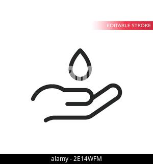 Vektorsymbol für dünne Linien des Händedesinfektionsmittels. Händedesinfektionszeichen mit Tropfen Flüssigkeit Umriss Symbol. Stock Vektor