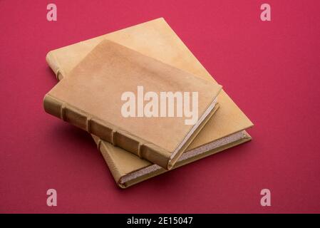 Zwei antike Bücher mit hellbraunem Leder-Hardcover, eines klein auf dem anderen groß auf kardinalrotem Hintergrund Stockfoto