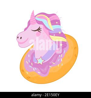 Kopf von Einhorn in Donut, flache Cartoon-Vektor-Illustration isoliert. Stock Vektor