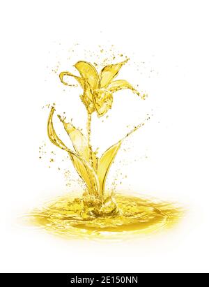 goldene Blume aus Wasser spritzt isoliert auf leerem Hintergrund Stockfoto