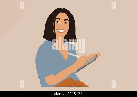 Porträt einer lächelnden Frau, die auf einem digitalen Tablet arbeitet. Vektorgrafik in Pastelltönen Stock Vektor