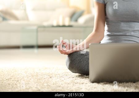 Vorderansicht Nahaufnahme Porträt einer weiblichen Hand tun Yoga Übung beobachten Tutorial auf Laptop auf dem Boden bei Zu Hause Stockfoto