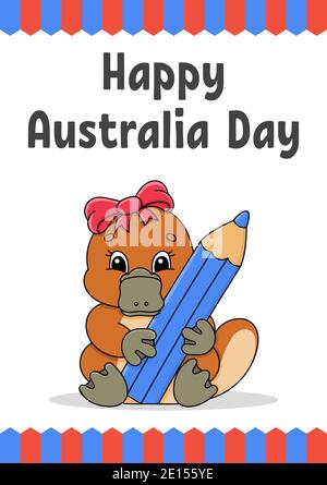 Grußkarte mit quadratischer Farbe. Happy Australia Day. Süße Cartoon-Schnabeltiere halten einen Bleistift in den Pfoten. Januar. Lustiger Charakter. Vektorgrafiken Stock Vektor