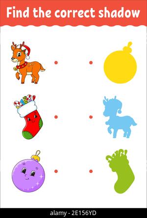 Weihnachtshirsch. Suchen Sie den richtigen Schatten. Arbeitsblatt zur Entwicklung von Schulungen. Passende Spiel für Kinder. Aktivitätsseite Farbe. Puzzle für Kinder. Niedliche Eigenschaften Stock Vektor