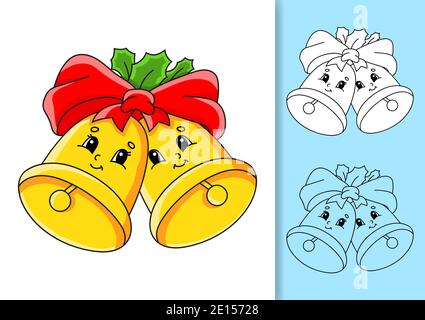 Weihnachtsglocken mit Stechblättern und Bogen. Satz von Vektorgrafiken, isoliert auf weißem und farbigem Hintergrund. Designelement. Schwarzer Strich. Zeichentrickfilm Stock Vektor